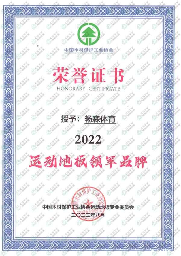 运动地板领军品牌证书